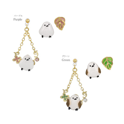 樹脂ピアス ニッケルフリー シマエナガ リーフ ストーン 3個セット スタッドピアス