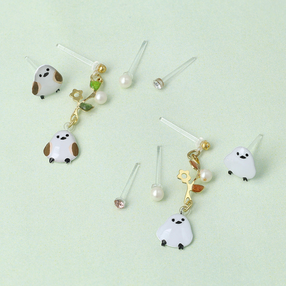 樹脂ピアス ニッケルフリー シマエナガ フラワー ストーン パール 4個セット スタッドピアス