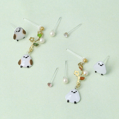 樹脂ピアス ニッケルフリー シマエナガ フラワー ストーン パール 4個セット スタッドピアス