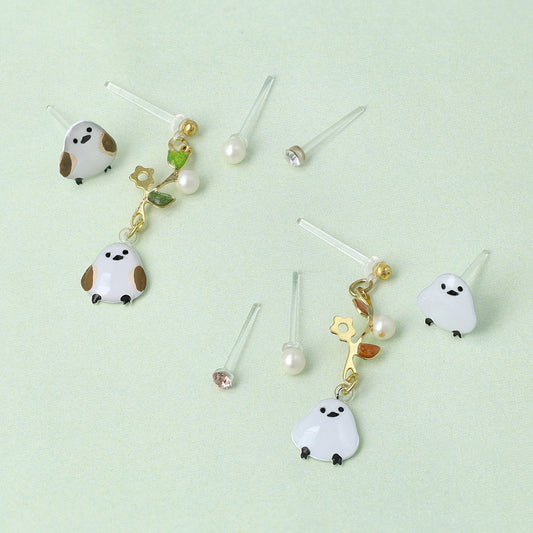 樹脂ピアス ニッケルフリー シマエナガ フラワー ストーン パール 4個セット スタッドピアス