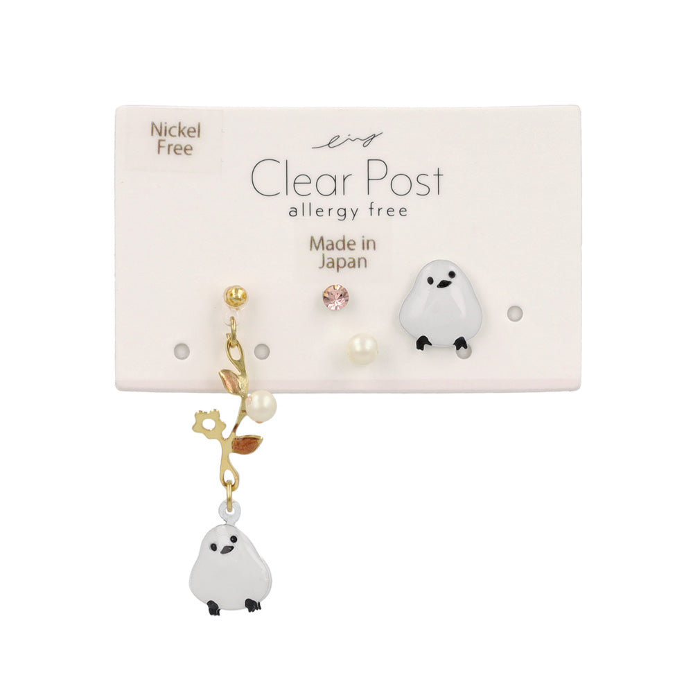 樹脂ピアス ニッケルフリー シマエナガ フラワー ストーン パール 4個セット スタッドピアス