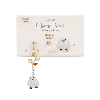 樹脂ピアス ニッケルフリー シマエナガ フラワー ストーン パール 4個セット スタッドピアス