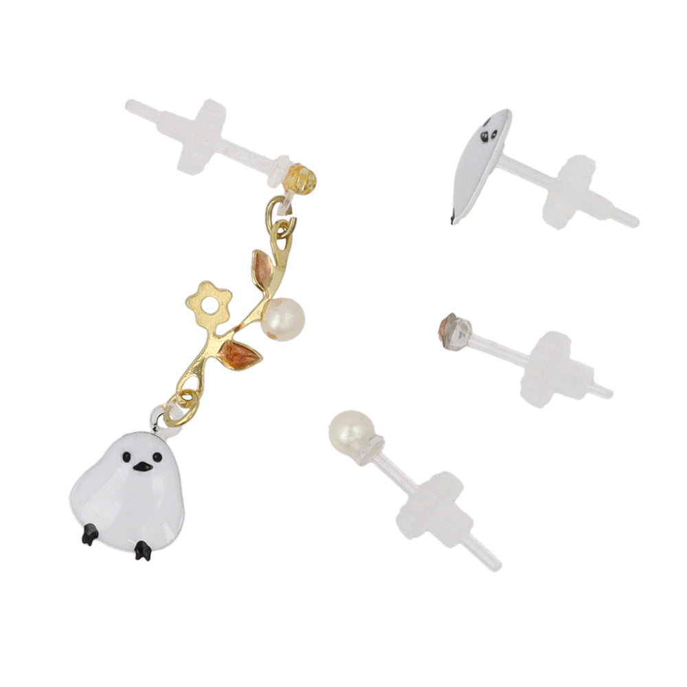 樹脂ピアス ニッケルフリー シマエナガ フラワー ストーン パール 4個セット スタッドピアス