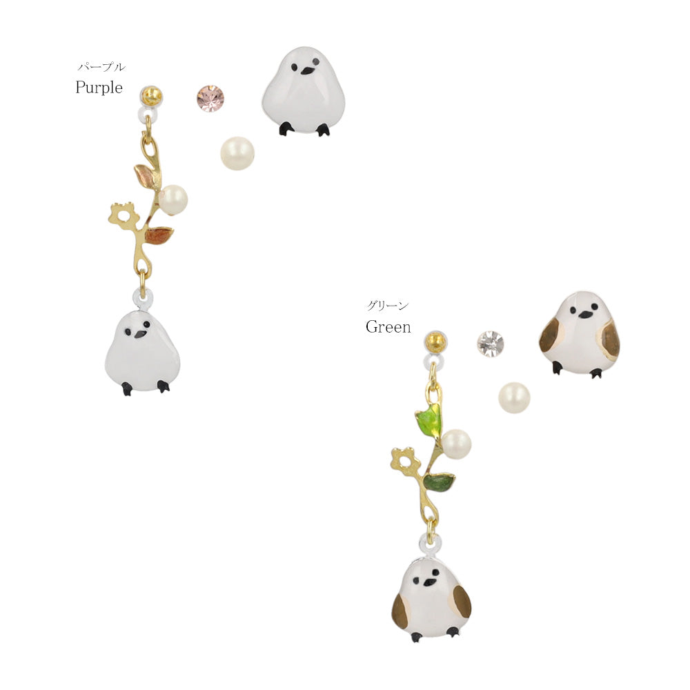 樹脂ピアス ニッケルフリー シマエナガ フラワー ストーン パール 4個セット スタッドピアス