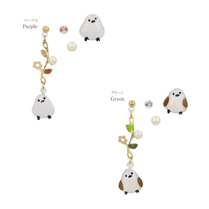 樹脂ピアス ニッケルフリー シマエナガ フラワー ストーン パール 4個セット スタッドピアス