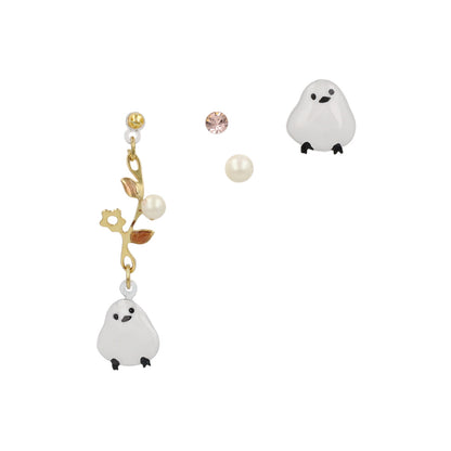 樹脂ピアス ニッケルフリー シマエナガ フラワー ストーン パール 4個セット スタッドピアス