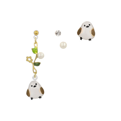 樹脂ピアス ニッケルフリー シマエナガ フラワー ストーン パール 4個セット スタッドピアス