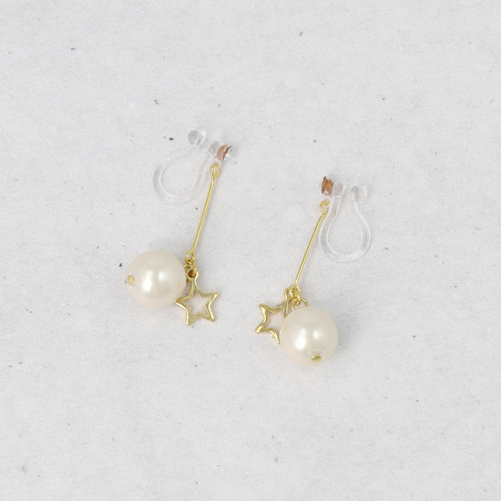 ノンホールピアス ニッケルフリー メタル スター ストーン パール 下がり イヤリング 樹脂タイプ