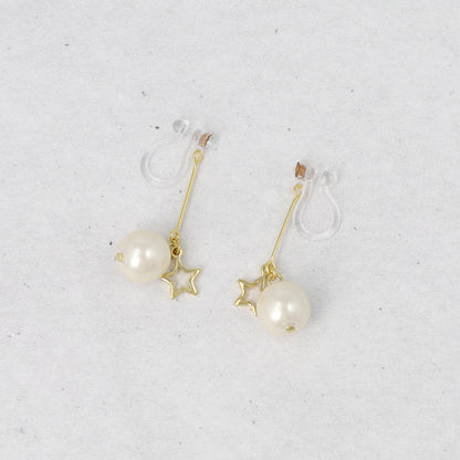 ノンホールピアス ニッケルフリー メタル スター ストーン パール 下がり イヤリング 樹脂タイプ