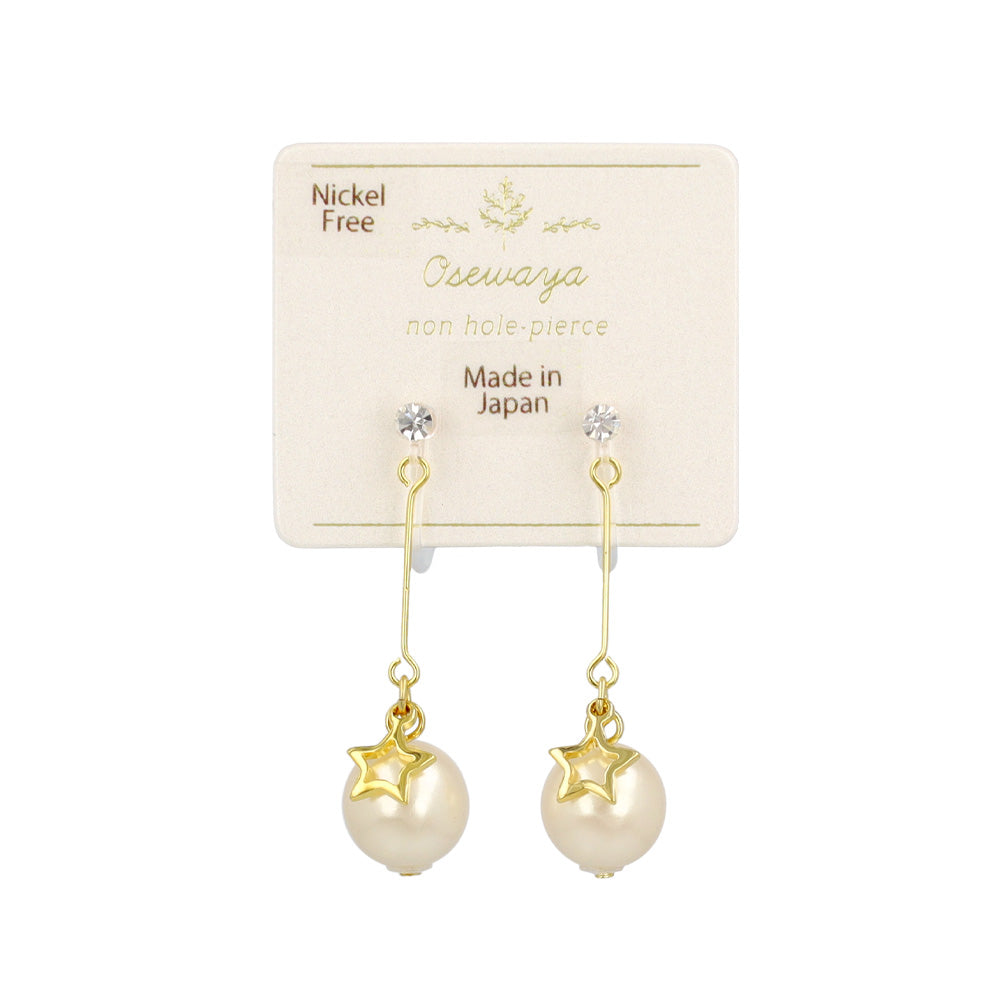 ノンホールピアス ニッケルフリー メタル スター ストーン パール 下がり イヤリング 樹脂タイプ