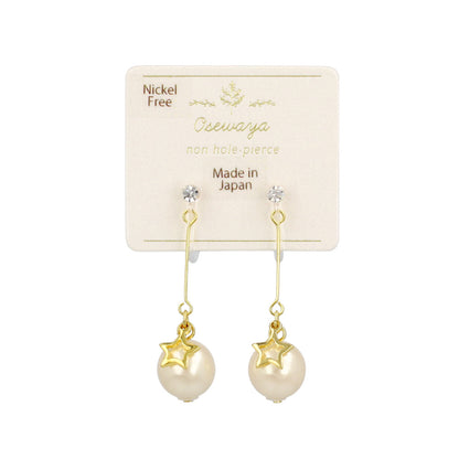 ノンホールピアス ニッケルフリー メタル スター ストーン パール 下がり イヤリング 樹脂タイプ