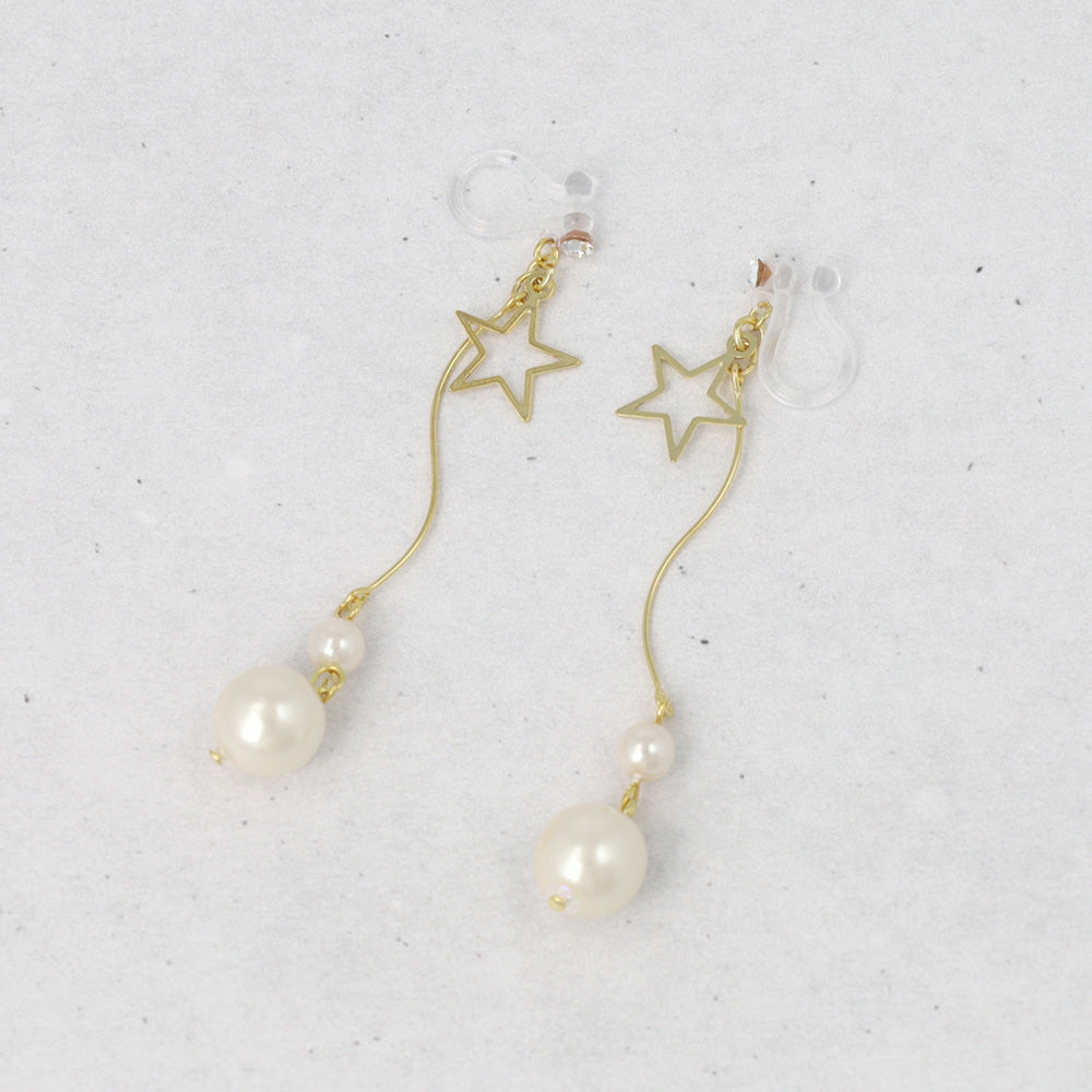 ノンホールピアス ニッケルフリー メタル スター ストーン パール ウェーブ 下がり イヤリング 樹脂タイプ