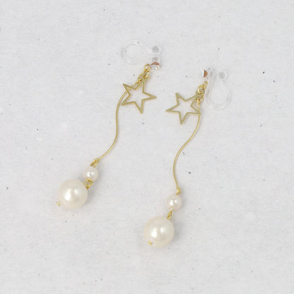 ノンホールピアス ニッケルフリー メタル スター ストーン パール ウェーブ 下がり イヤリング 樹脂タイプ