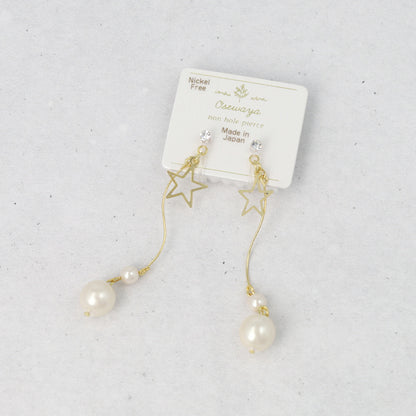 ノンホールピアス ニッケルフリー メタル スター ストーン パール ウェーブ 下がり イヤリング 樹脂タイプ