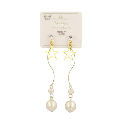 ノンホールピアス ニッケルフリー メタル スター ストーン パール ウェーブ 下がり イヤリング 樹脂タイプ