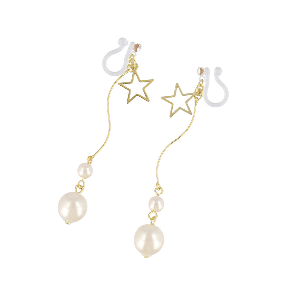 ノンホールピアス ニッケルフリー メタル スター ストーン パール ウェーブ 下がり イヤリング 樹脂タイプ