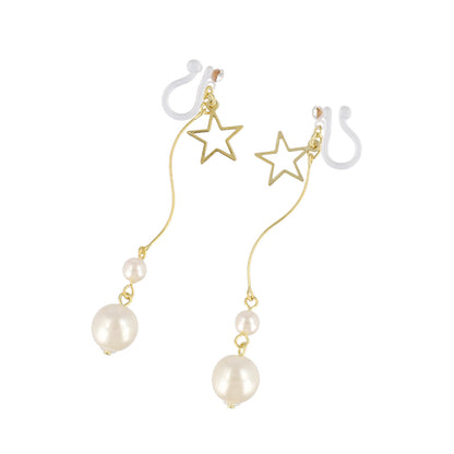 ノンホールピアス ニッケルフリー メタル スター ストーン パール ウェーブ 下がり イヤリング 樹脂タイプ