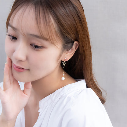 ノンホールピアス ニッケルフリー メタル スター ストーン パール ウェーブ 下がり イヤリング 樹脂タイプ