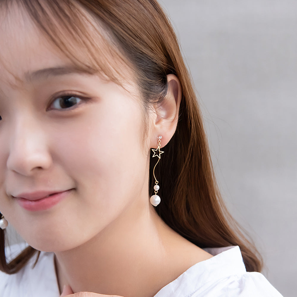 ノンホールピアス ニッケルフリー メタル スター ストーン パール ウェーブ 下がり イヤリング 樹脂タイプ