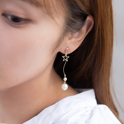 ノンホールピアス ニッケルフリー メタル スター ストーン パール ウェーブ 下がり イヤリング 樹脂タイプ