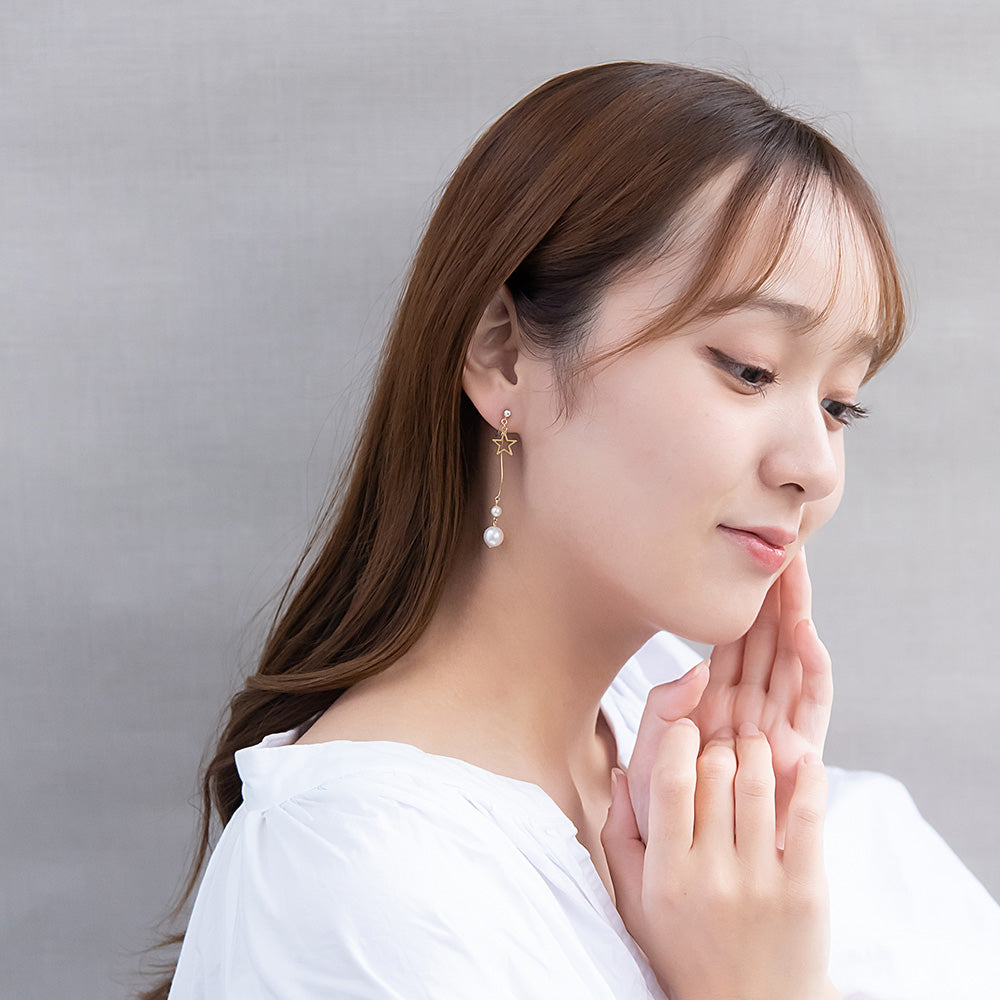 ノンホールピアス ニッケルフリー メタル スター ストーン パール ウェーブ 下がり イヤリング 樹脂タイプ