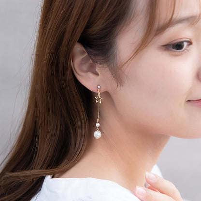 ノンホールピアス ニッケルフリー メタル スター ストーン パール ウェーブ 下がり イヤリング 樹脂タイプ