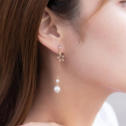 ノンホールピアス ニッケルフリー メタル スター ストーン パール ウェーブ 下がり イヤリング 樹脂タイプ