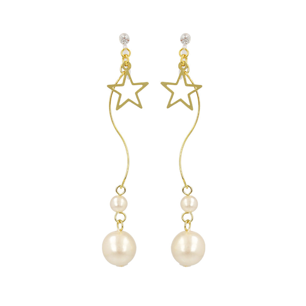 ノンホールピアス ニッケルフリー メタル スター ストーン パール ウェーブ 下がり イヤリング 樹脂タイプ