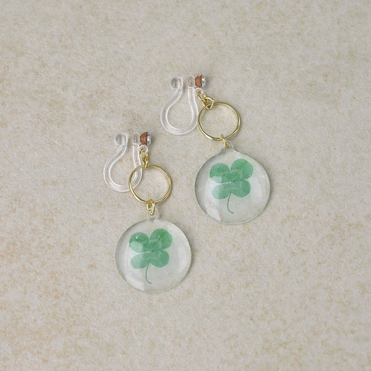 ノンホールピアス ニッケルフリー クローバー サークル ストーン イヤリング 樹脂タイプ