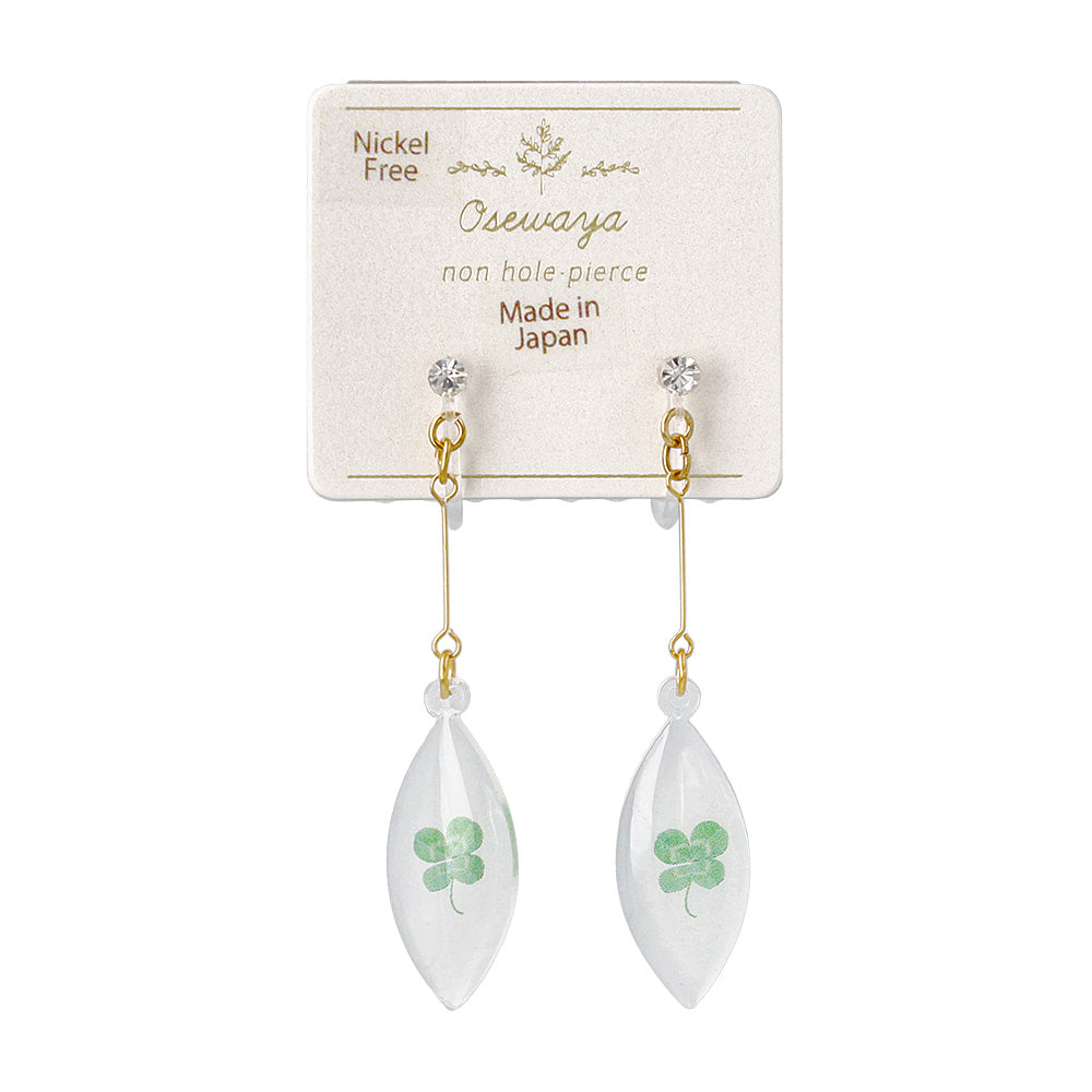 ノンホールピアス ニッケルフリー クローバー リーフ型 ストーン イヤリング 樹脂タイプ