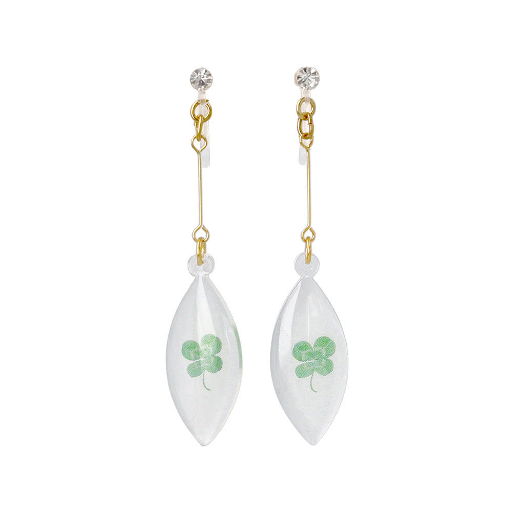 ノンホールピアス ニッケルフリー クローバー リーフ型 ストーン イヤリング 樹脂タイプ
