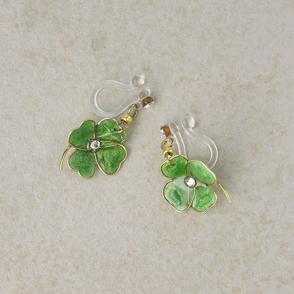 ノンホールピアス ニッケルフリー ワイヤーフラワー クローバー ストーン イヤリング 樹脂タイプ
