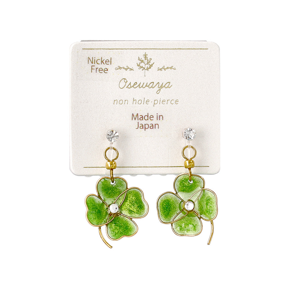 ノンホールピアス ニッケルフリー ワイヤーフラワー クローバー ストーン イヤリング 樹脂タイプ