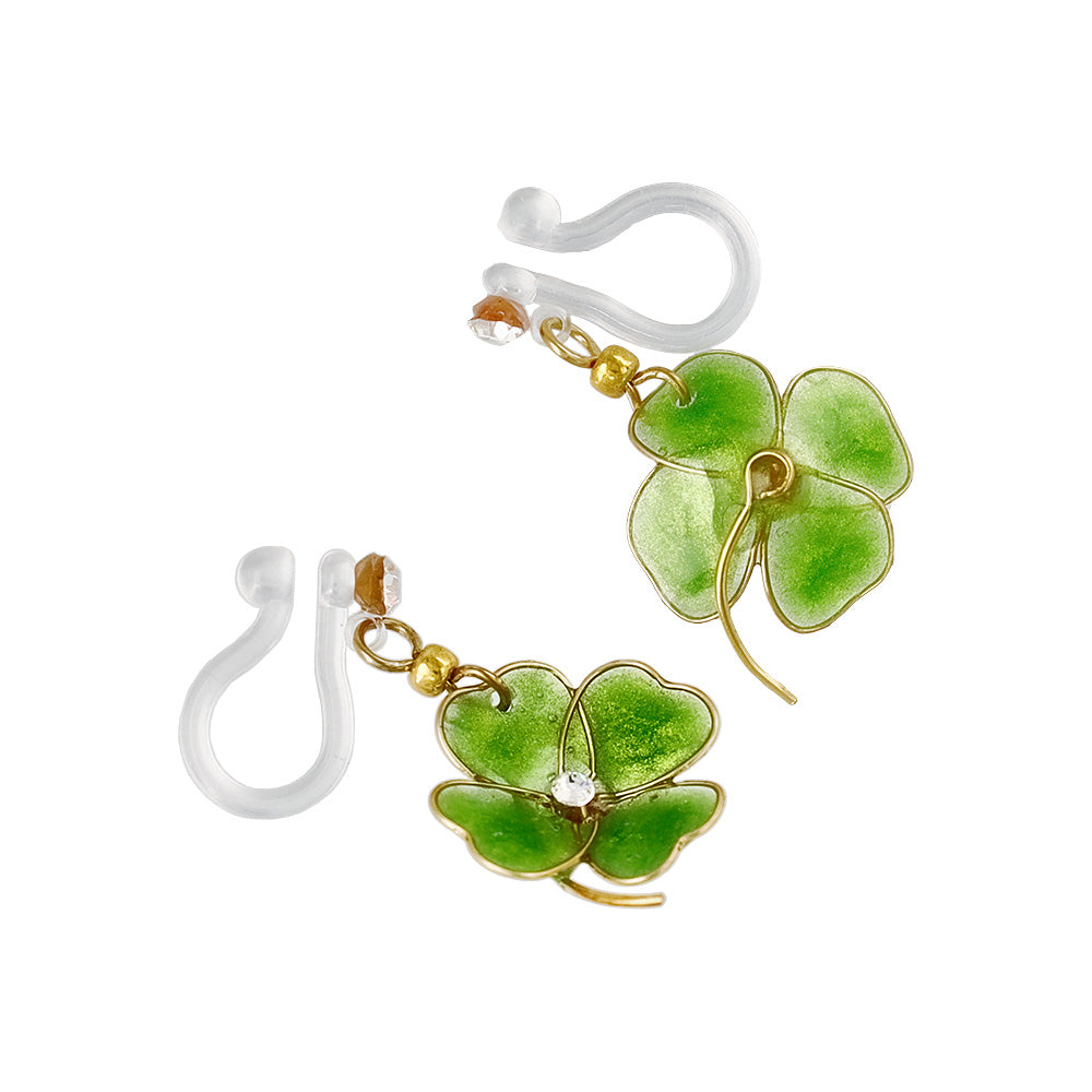 ノンホールピアス ニッケルフリー ワイヤーフラワー クローバー ストーン イヤリング 樹脂タイプ