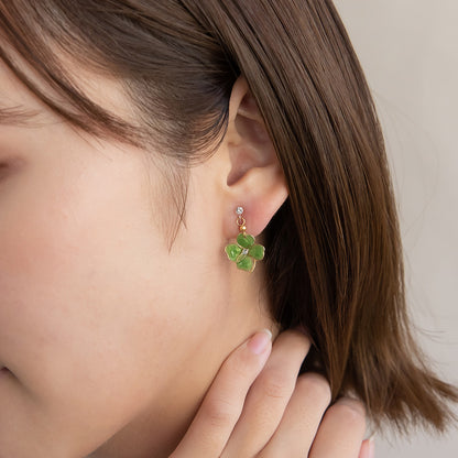 ノンホールピアス ニッケルフリー ワイヤーフラワー クローバー ストーン イヤリング 樹脂タイプ