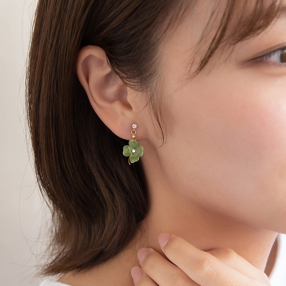 ノンホールピアス ニッケルフリー ワイヤーフラワー クローバー ストーン イヤリング 樹脂タイプ