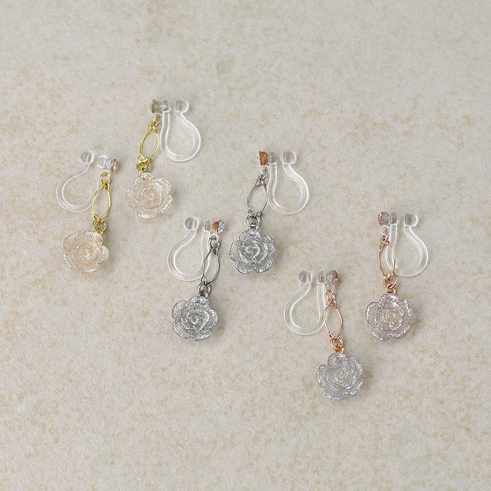 ノンホールピアス ニッケルフリー ローズ ラメ ストーン ワイヤー イヤリング 樹脂タイプ