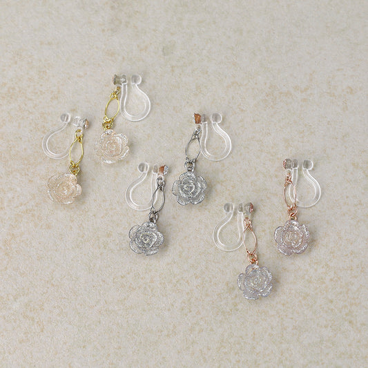 ノンホールピアス ニッケルフリー ローズ ラメ ストーン ワイヤー イヤリング 樹脂タイプ