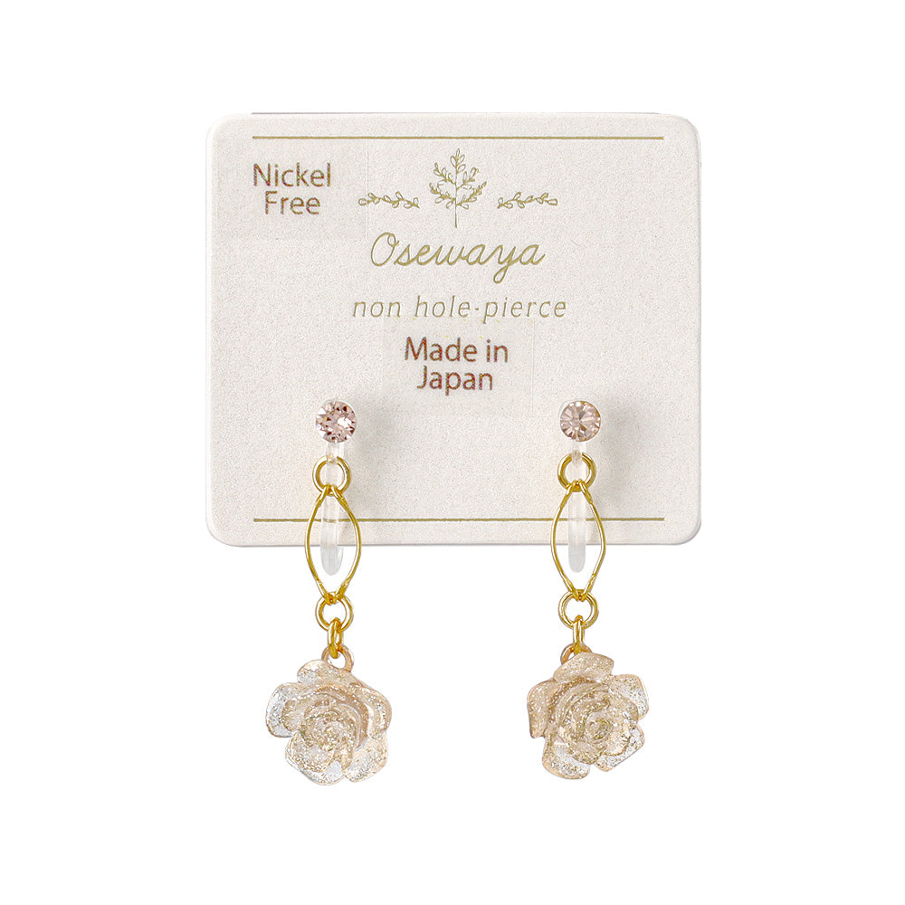 ノンホールピアス ニッケルフリー ローズ ラメ ストーン ワイヤー イヤリング 樹脂タイプ