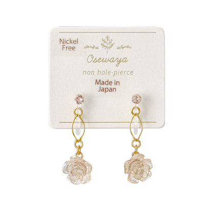 ノンホールピアス ニッケルフリー ローズ ラメ ストーン ワイヤー イヤリング 樹脂タイプ