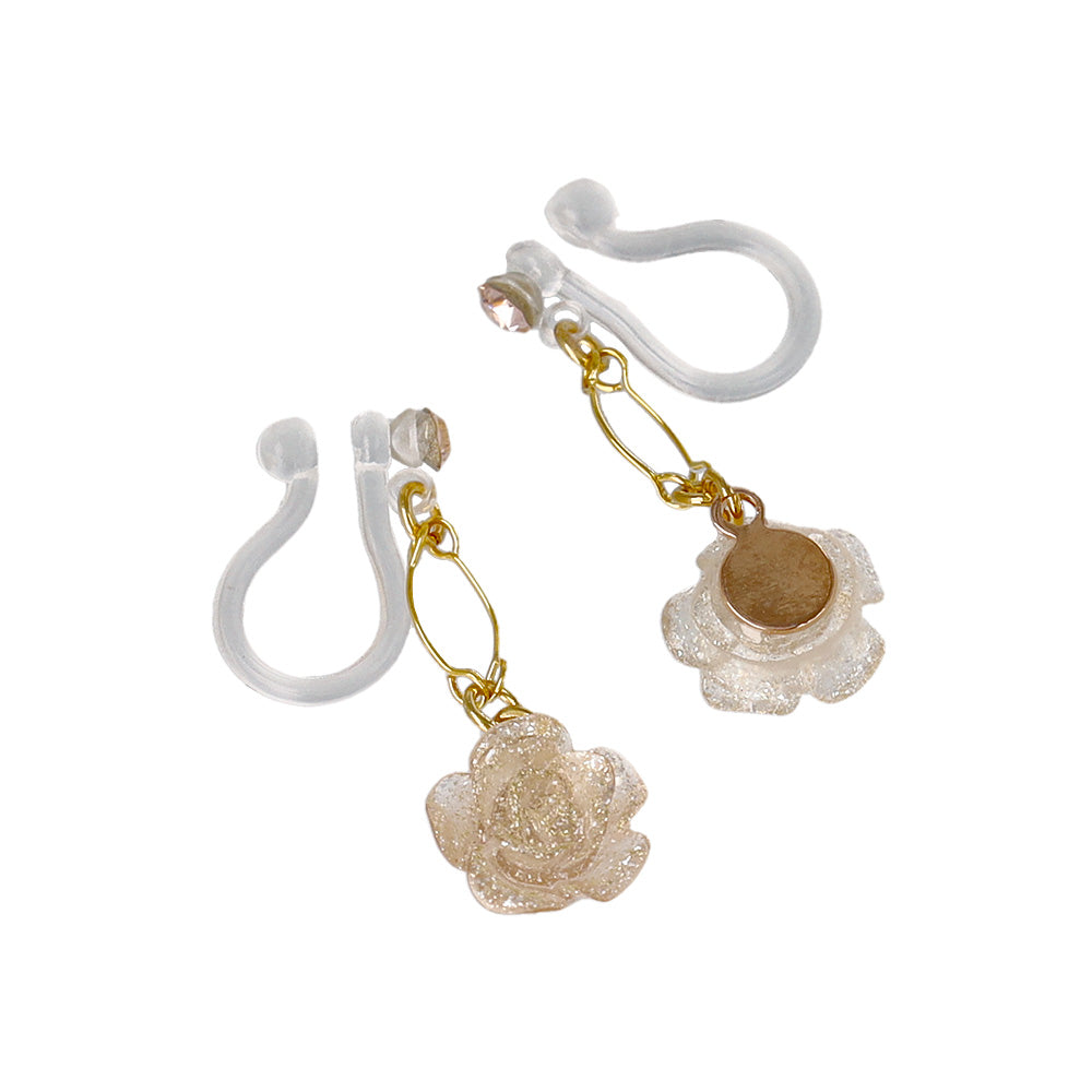 ノンホールピアス ニッケルフリー ローズ ラメ ストーン ワイヤー イヤリング 樹脂タイプ