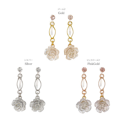 ノンホールピアス ニッケルフリー ローズ ラメ ストーン ワイヤー イヤリング 樹脂タイプ