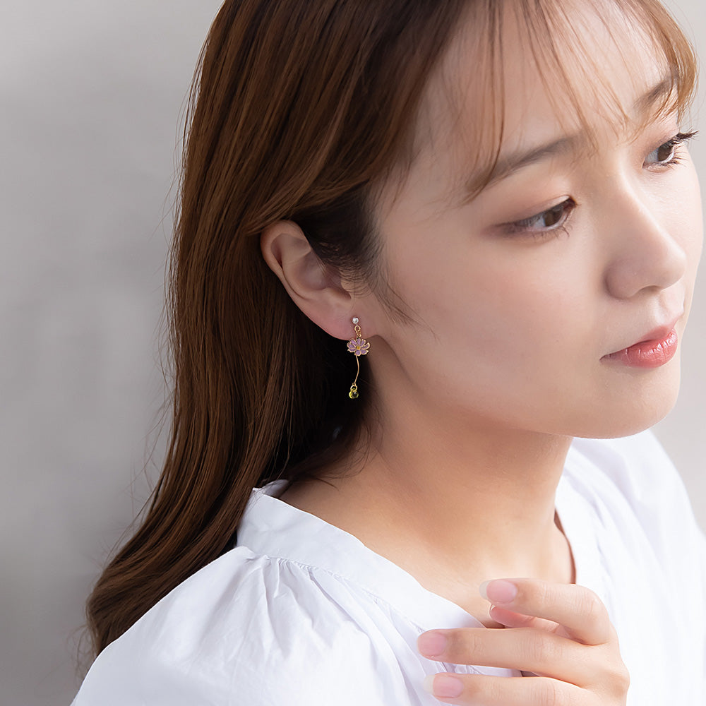 ノンホールピアス ネコ フラワー ウェーブ ドロップ イヤリング 樹脂タイプ