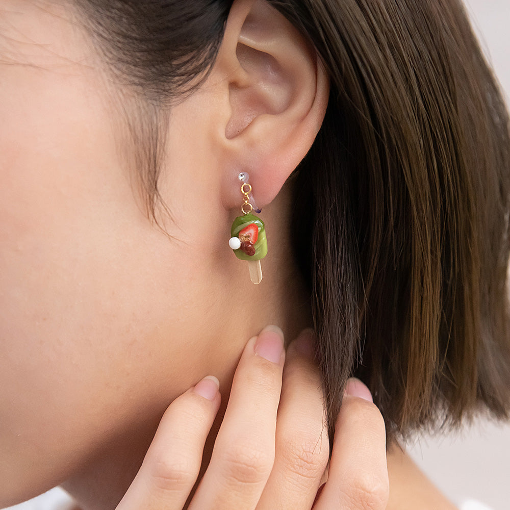 ノンホールピアス 抹茶 アイスバー 苺 イヤリング 樹脂タイプ