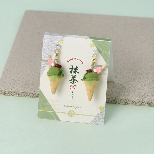 ノンホールピアス 抹茶 アイスクリーム コーン 桜 イヤリング 樹脂タイプ