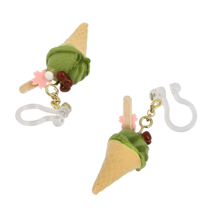 ノンホールピアス 抹茶 アイスクリーム コーン 桜 イヤリング 樹脂タイプ
