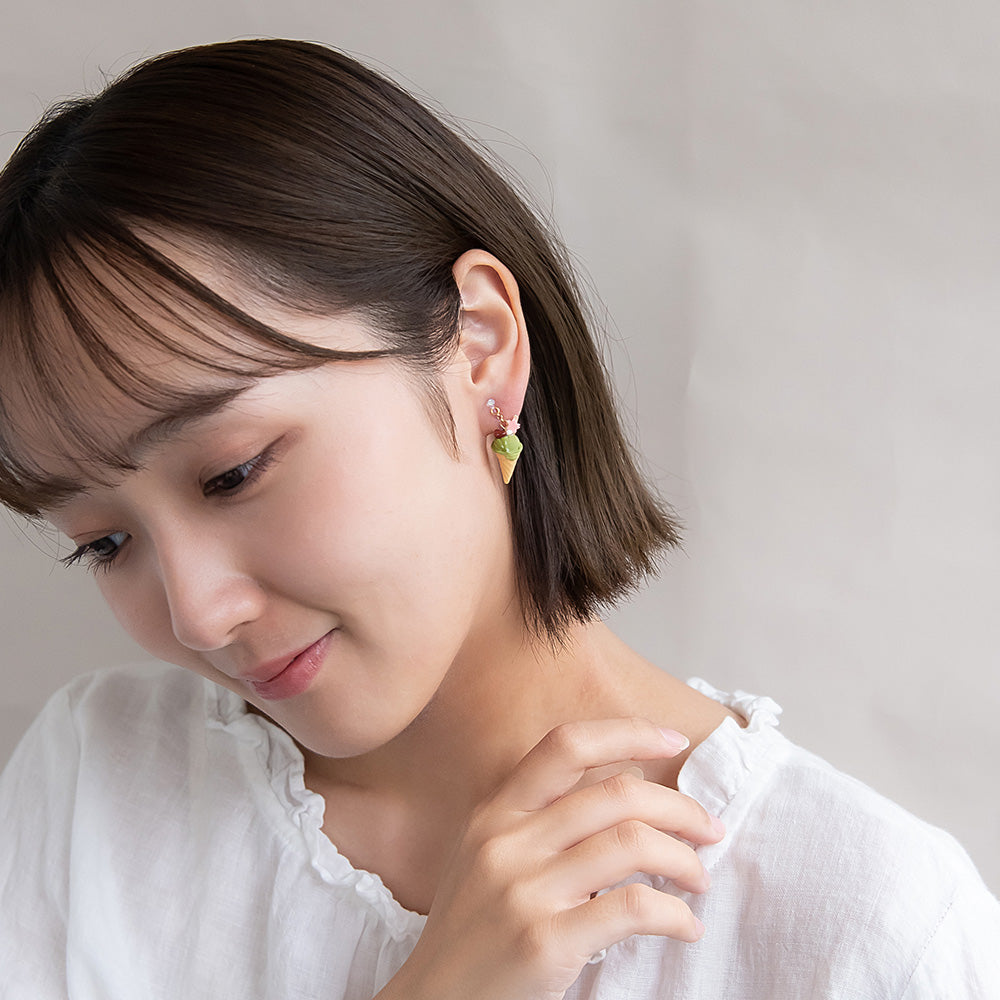 ノンホールピアス 抹茶 アイスクリーム イヤリング 樹脂タイプ