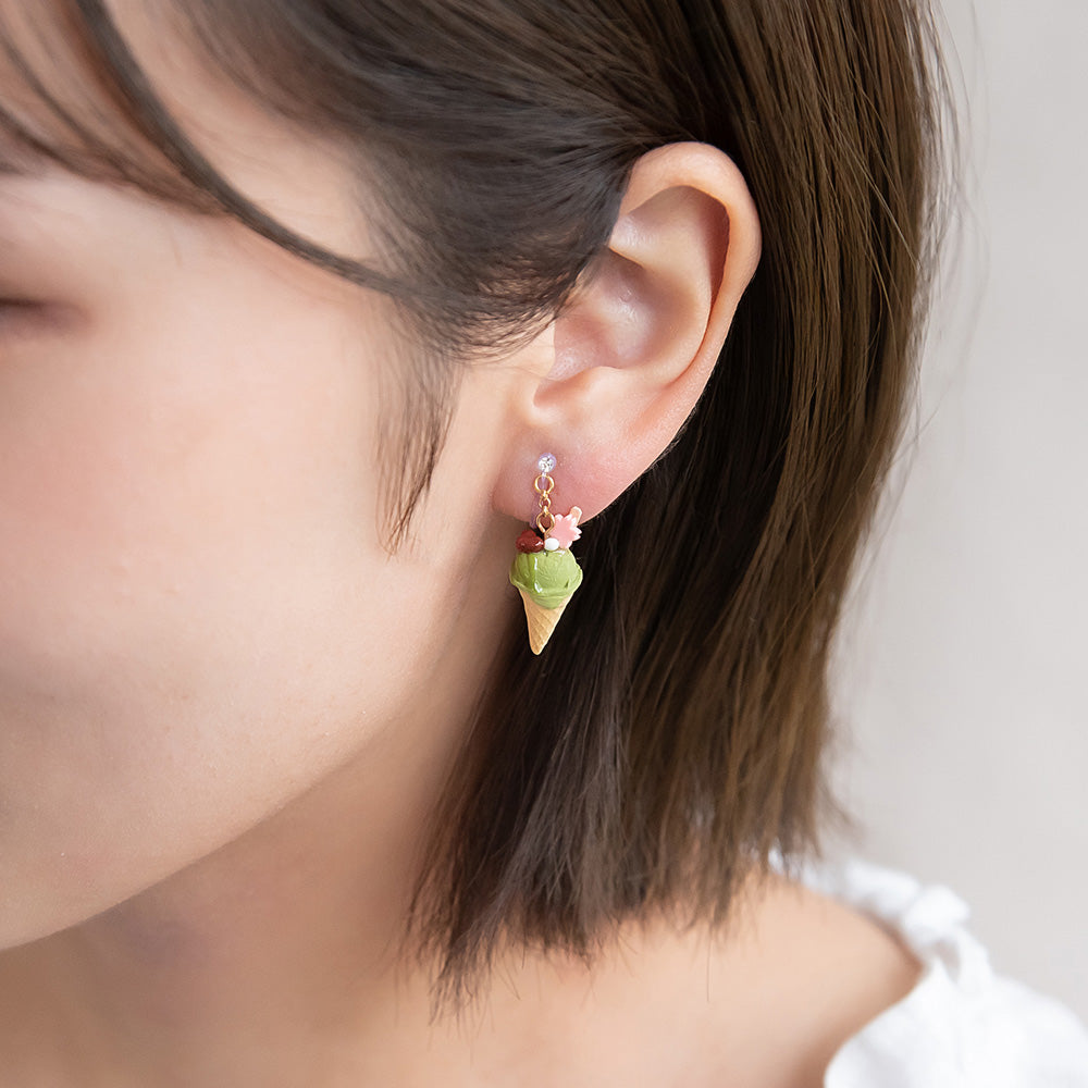 ノンホールピアス 抹茶 アイスクリーム イヤリング 樹脂タイプ