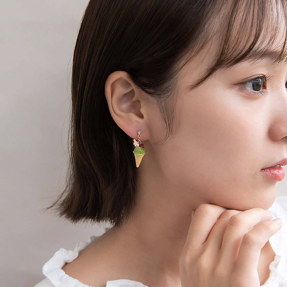 ノンホールピアス 抹茶 アイスクリーム イヤリング 樹脂タイプ