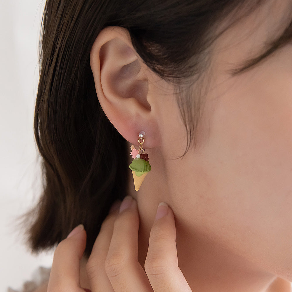 ノンホールピアス 抹茶 アイスクリーム イヤリング 樹脂タイプ
